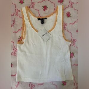Forever 21 White Ribbed Tank with Peach Lace Trim